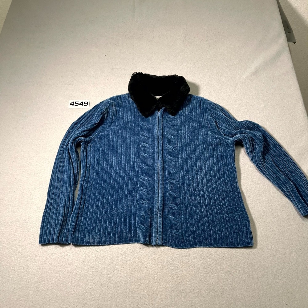Designers Originals Studio‎ Cardigan Sweater Womens M Chenille Faux Fur Collar
